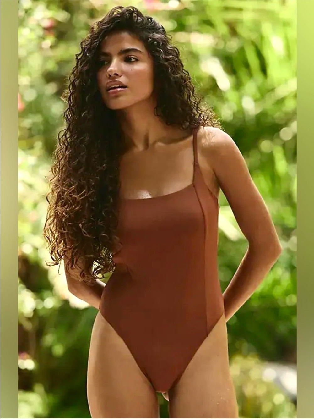 NWT FREE PEOPLE Toast Swim Square Neck One Piece Swimsuit Size M Brown Patina